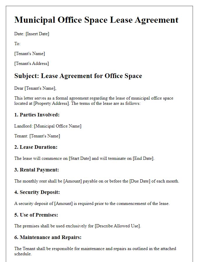 Letter template of municipal office space lease agreement.