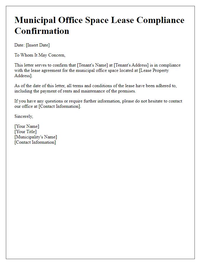 Letter template of municipal office space lease compliance confirmation.