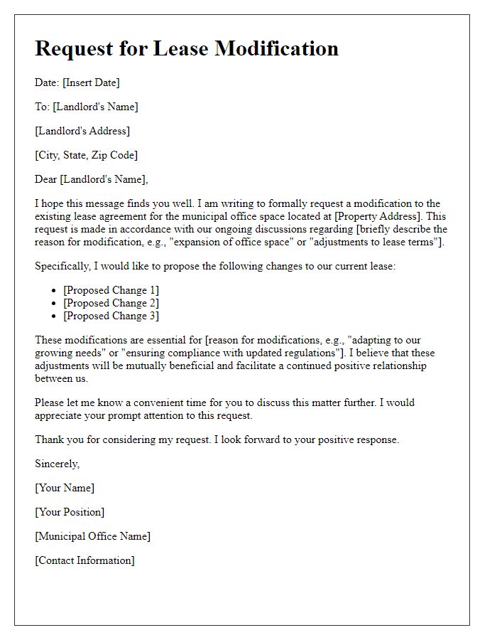 Letter template of municipal office space lease modification request.