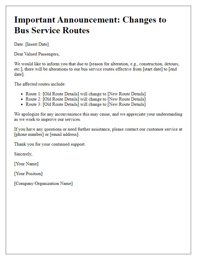 Letter template of announcement for alterations in bus service routes