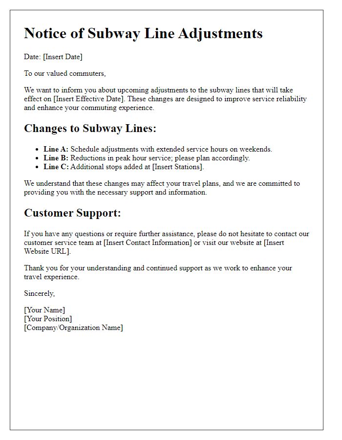 Letter template of communication regarding subway line adjustments