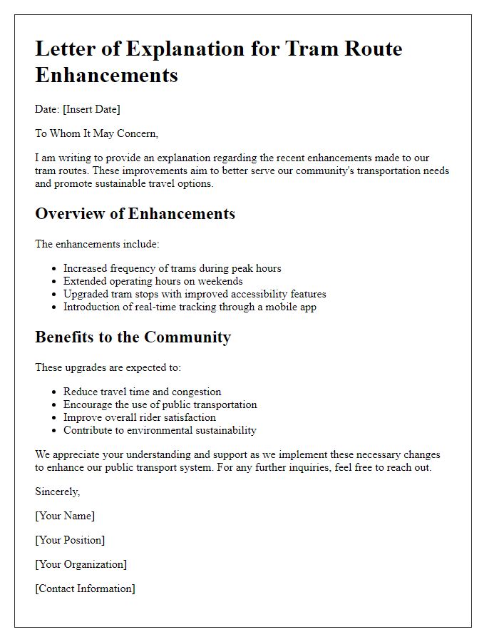 Letter template of explanation for tram route enhancements