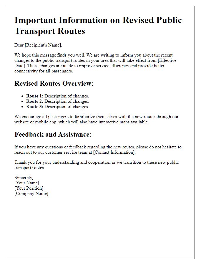 Letter template of information on revised public transport routes