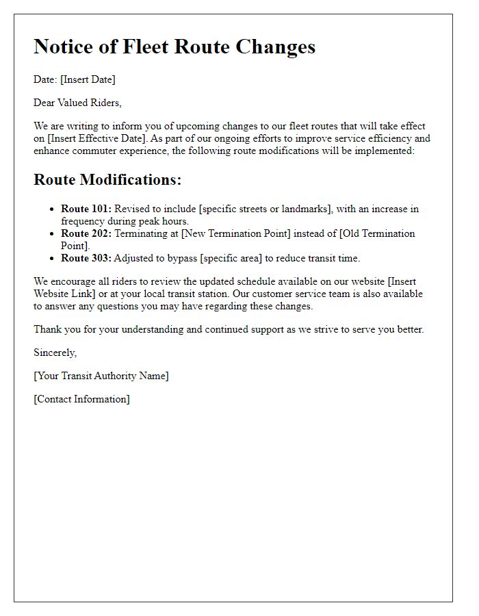 Letter template of notice for fleet route changes in urban transit