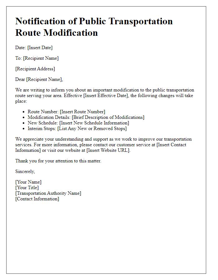 Letter template of notification for public transportation route modification