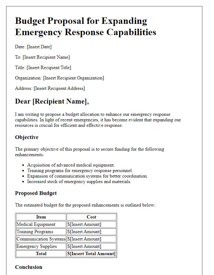 Letter template of budget proposal for expanding emergency response capabilities