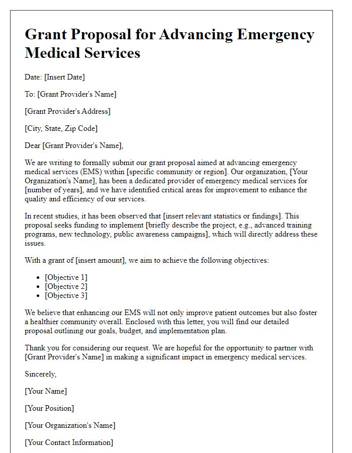 Letter template of grant proposal for advancing emergency medical services