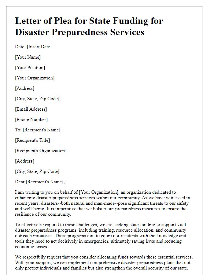 Letter template of plea for state funding for disaster preparedness services