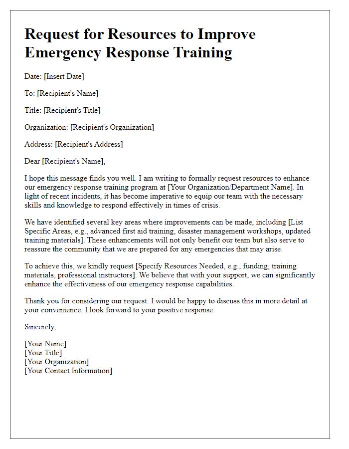 Letter template of request for resources to improve emergency response training