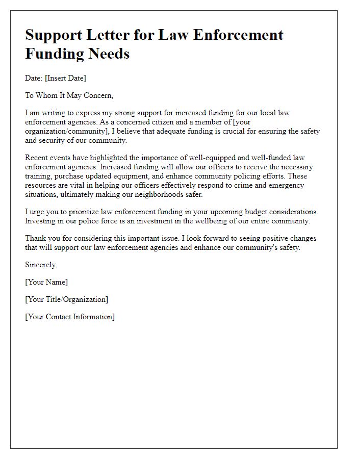 Letter template of support letter for law enforcement funding needs