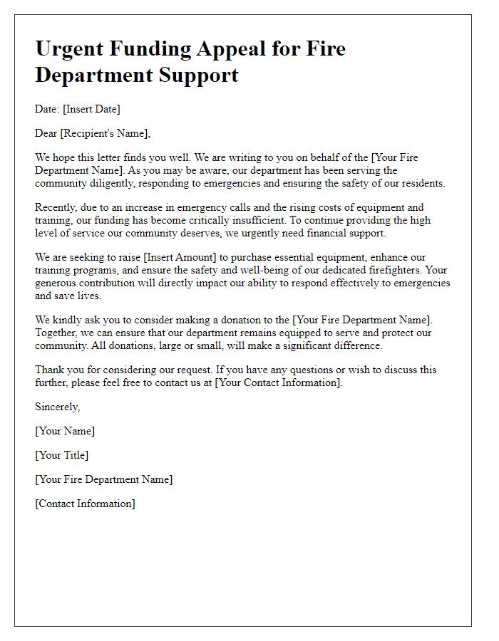 Letter template of urgent funding appeal for fire department support