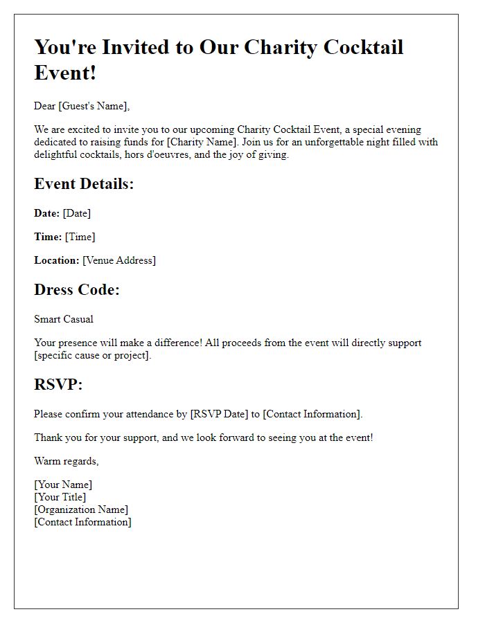 Letter template of a charity cocktail event invitation