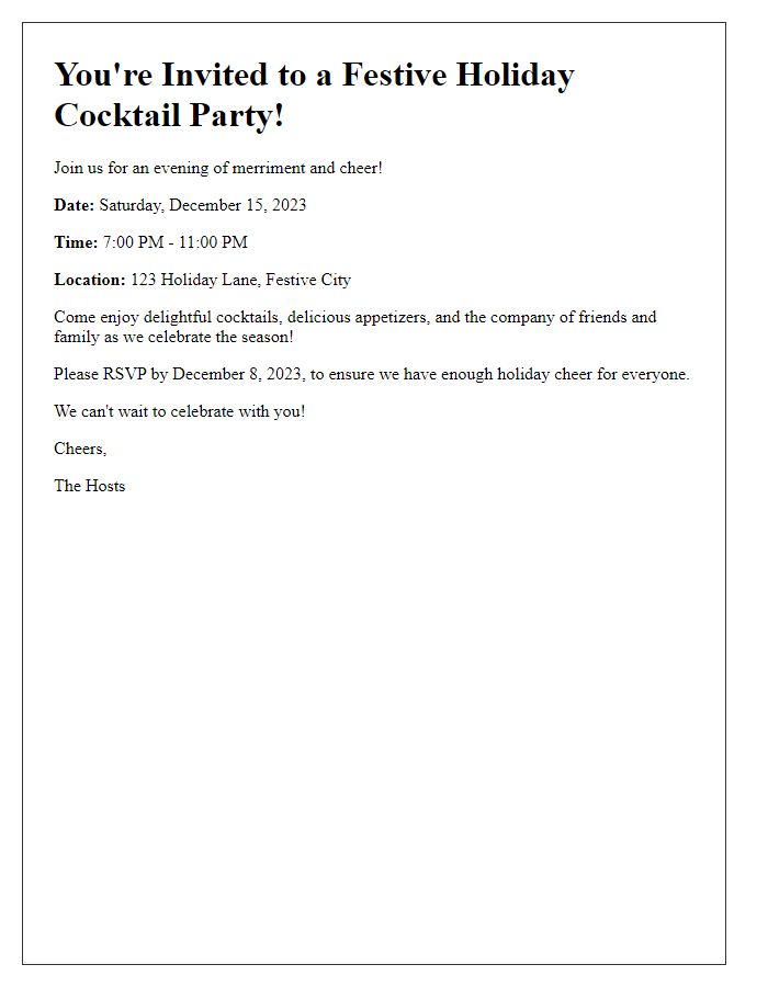 Letter template of a festive holiday cocktail party invitation