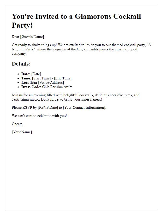 Letter template of a themed cocktail party invitation