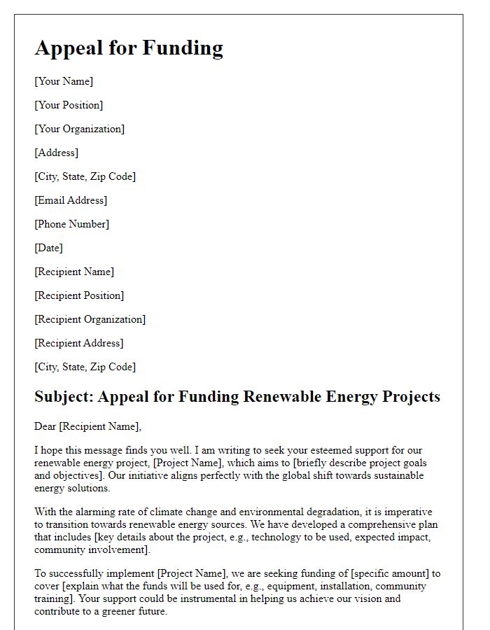 Letter template of appeal for funding renewable energy projects