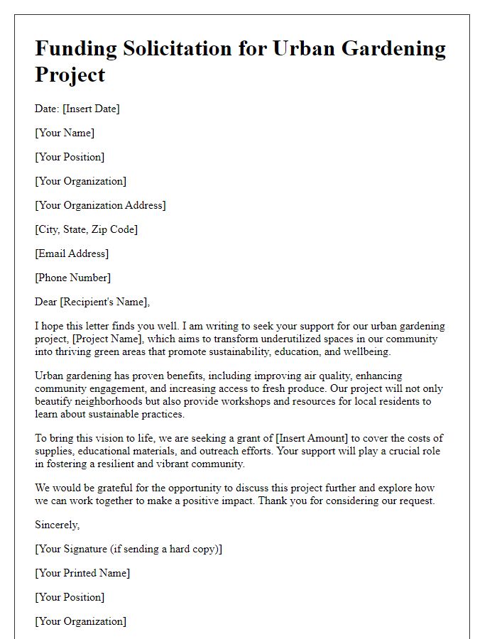 Letter template of funding solicitation for urban gardening projects