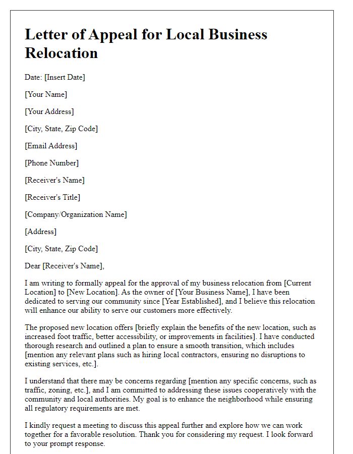 Letter template of appeal for local business relocation approval