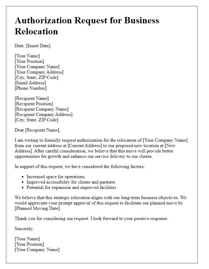 Letter template of authorization request for relocating business