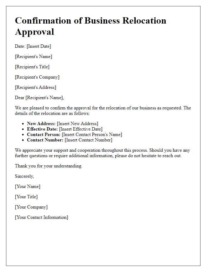 Letter template of confirmation for business relocation approval