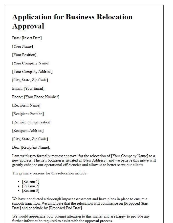 Letter template of formal application for business relocation approval