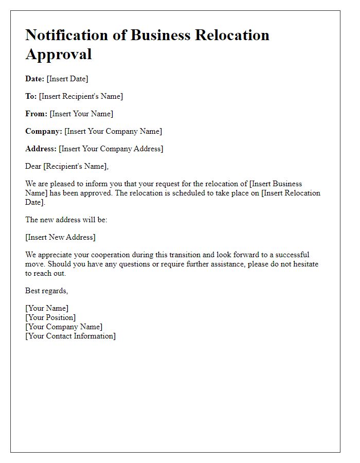 Letter template of notification for business relocation approval