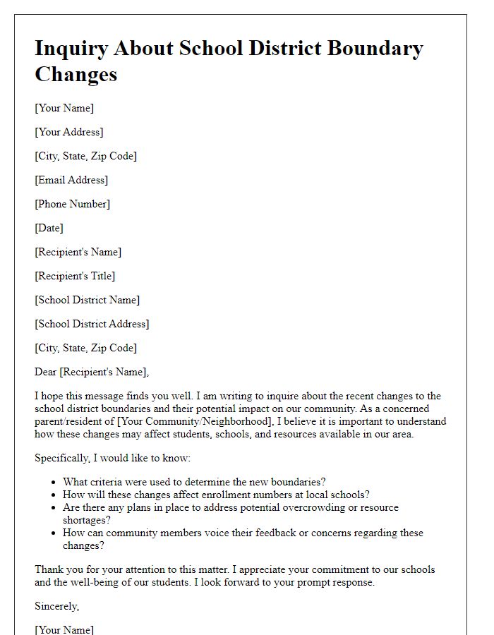 Letter template of inquiry about the impact of school district boundary changes