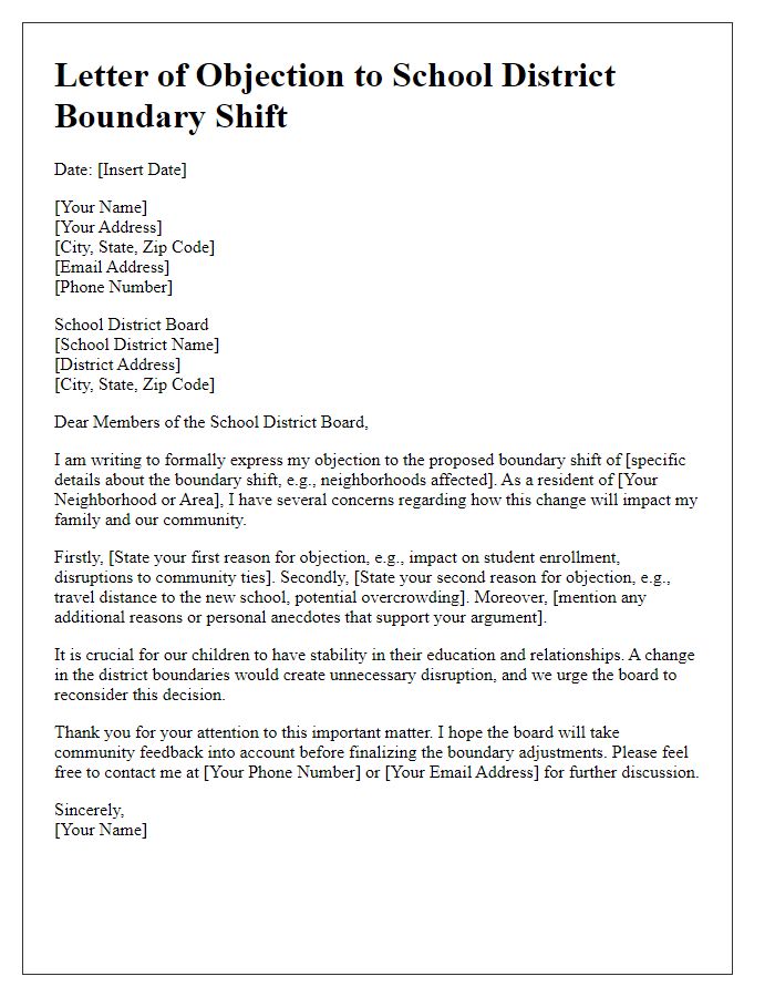 Letter template of objection to school district boundary shift