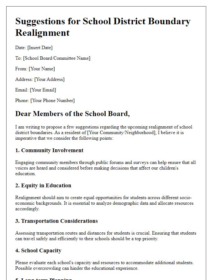 Letter template of suggestions for school district boundary realignment