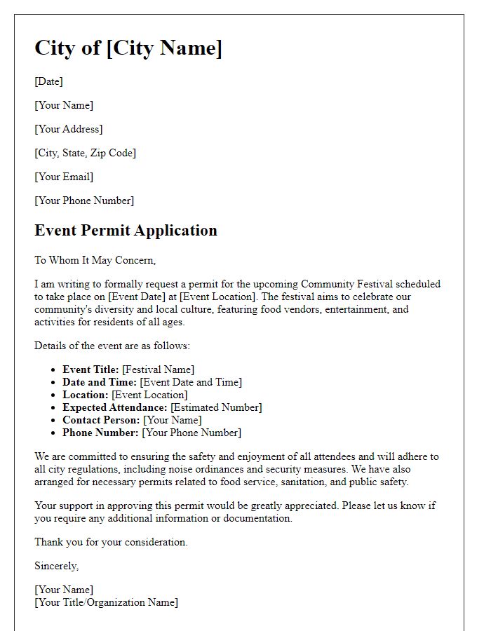 Letter template of city event permit for community festival.