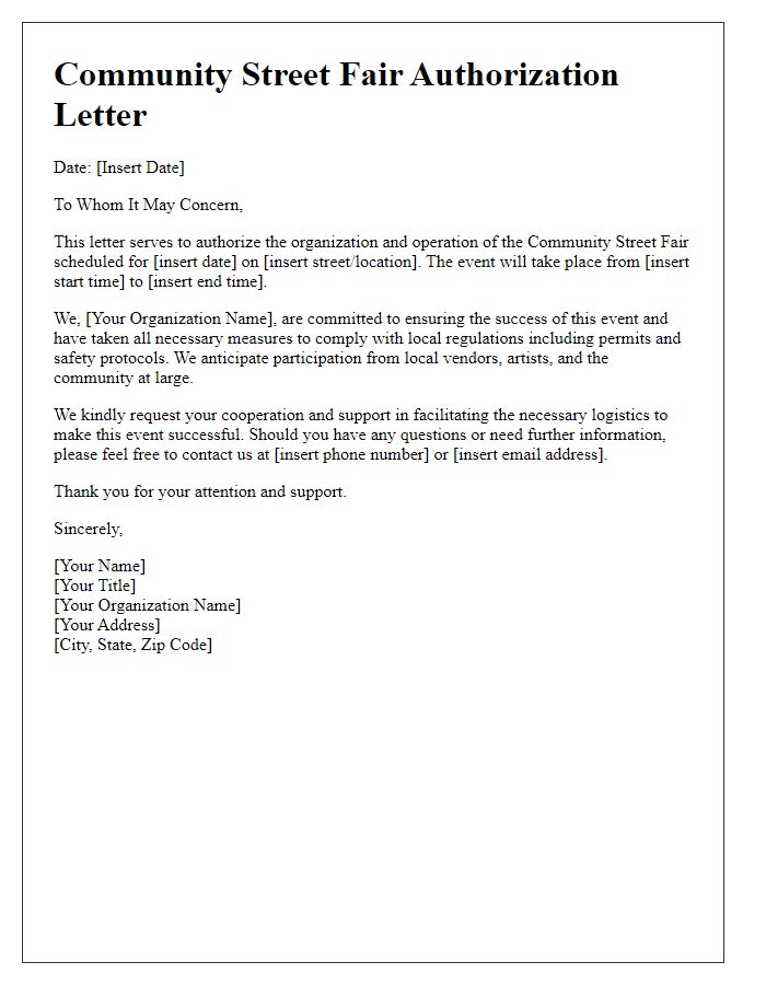 Letter template of community street fair authorization.