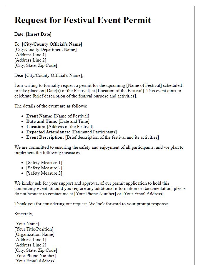 Letter template of festival event permit request.