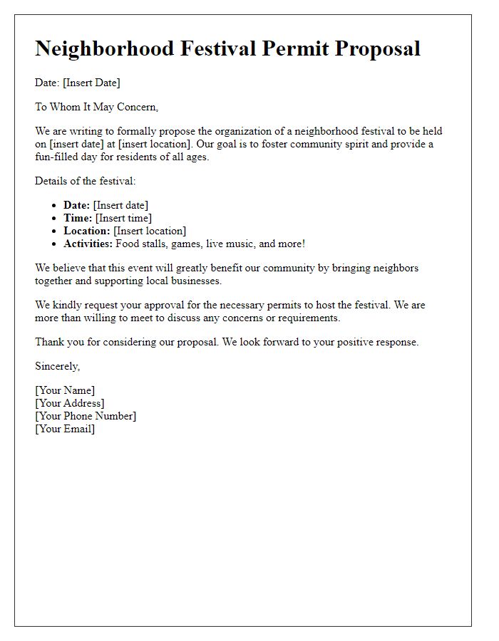 Letter template of neighborhood festival permit proposal.