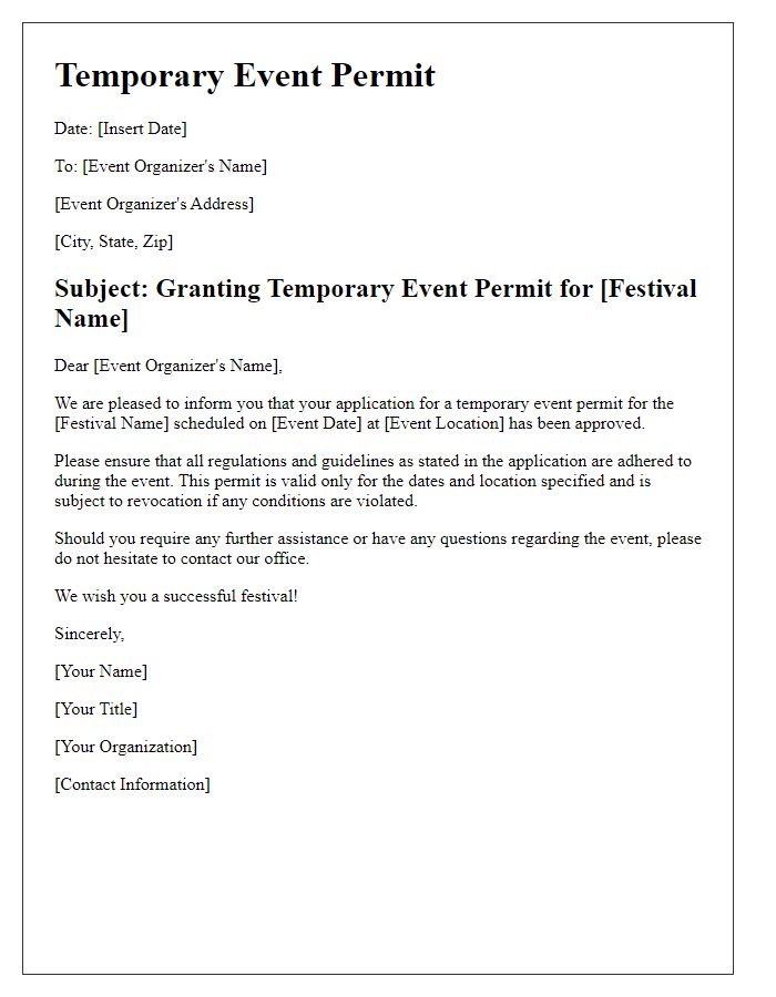 Letter template of temporary event permit for festival.