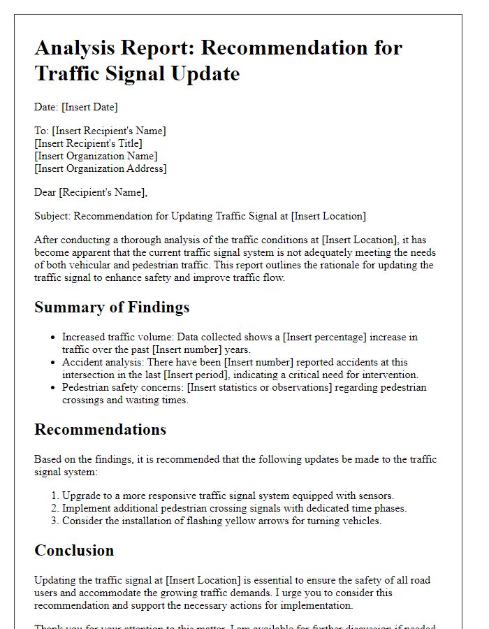 Letter template of analysis report recommending traffic signal update