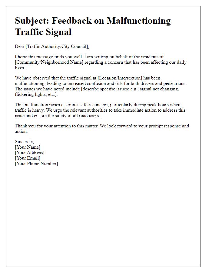 Letter template of community feedback on traffic signal malfunction