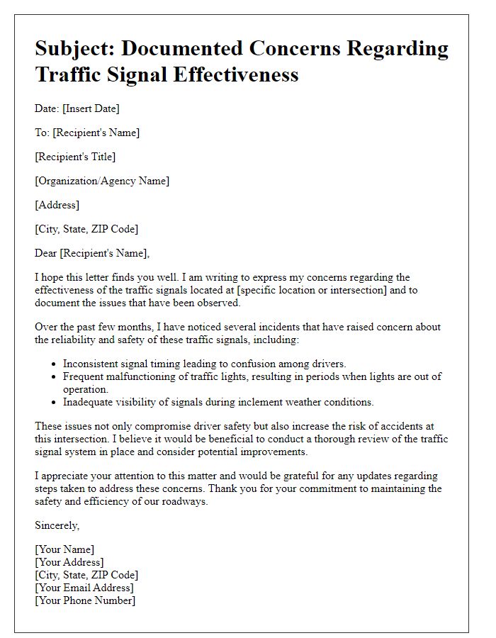 Letter template of documented concerns regarding traffic signal effectiveness