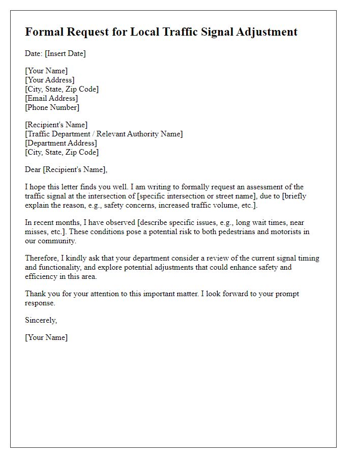 Letter template of formal request for local traffic signal adjustment