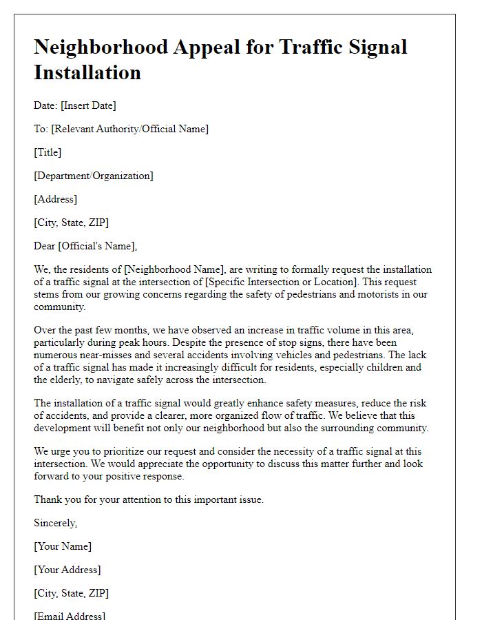 Letter template of neighborhood appeal for traffic signal installation