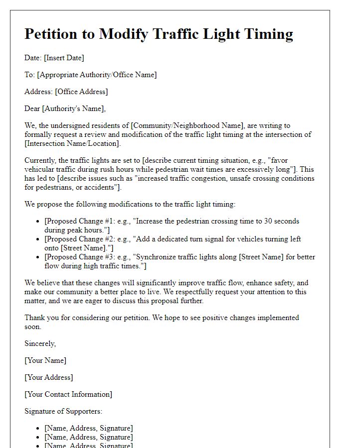 Letter template of petition to modify traffic light timing