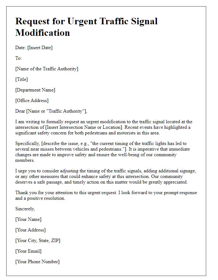 Letter template of urgent traffic signal modification request for public safety