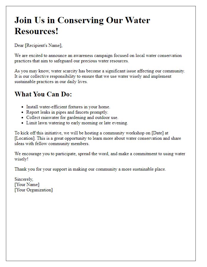 Letter template of awareness campaign for local water conservation practices