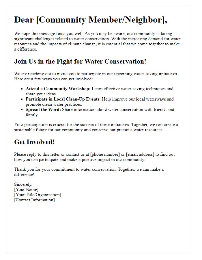 Letter template of call to action for citizen participation in water-saving initiatives