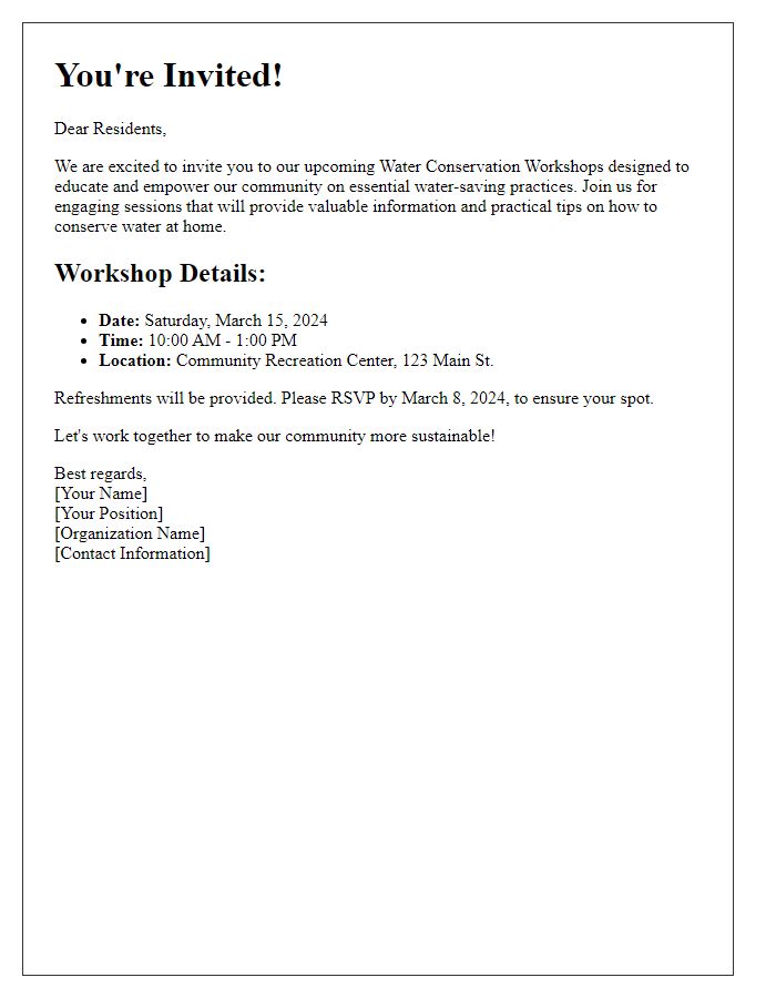 Letter template of invitation to water conservation workshops for residents