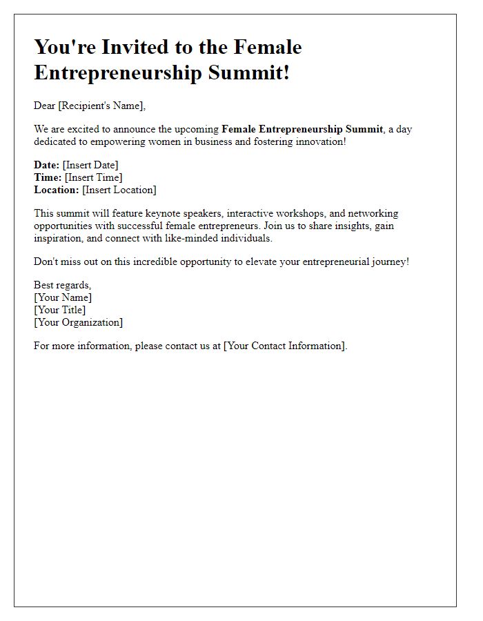 Letter template of announcement for a female entrepreneurship summit.