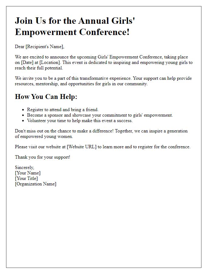 Letter template of call to action for a girls' empowerment conference.