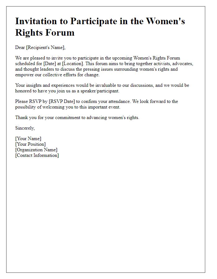 Letter template of invitation to participate in a women's rights forum.