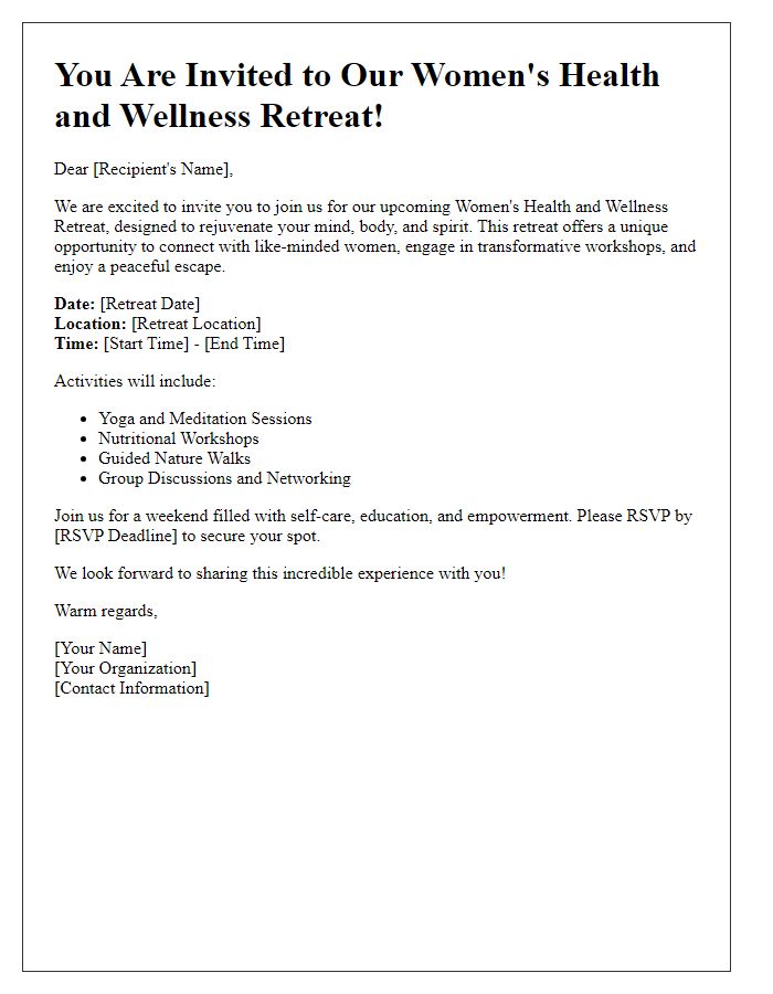 Letter template of invitation for a women's health and wellness retreat.