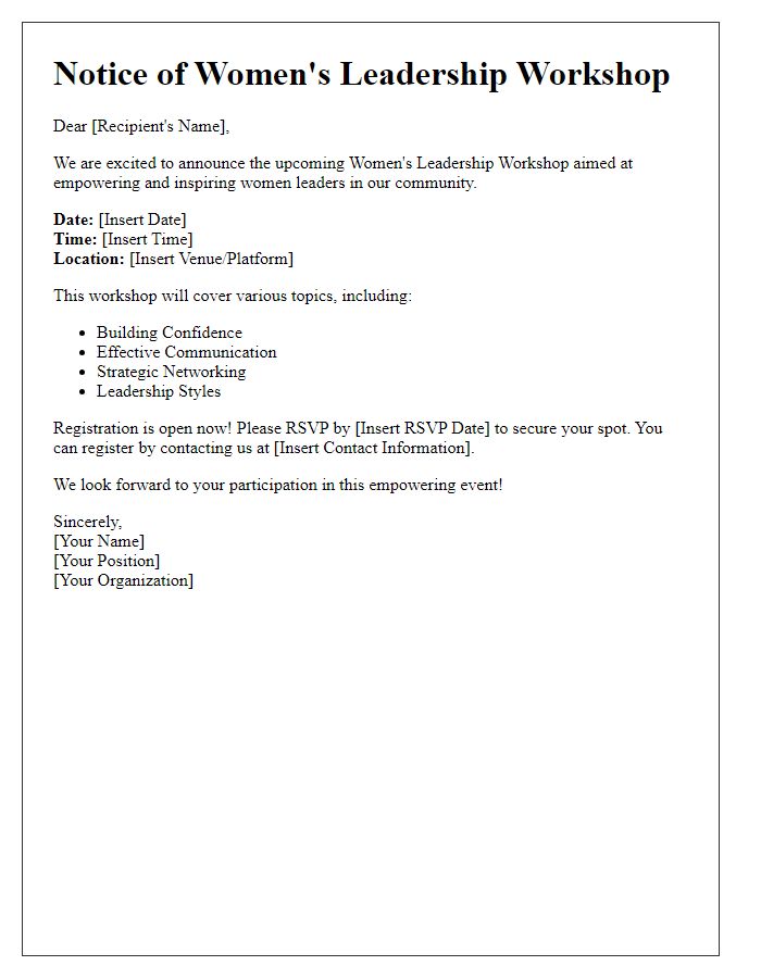 Letter template of notice for a womens leadership workshop.