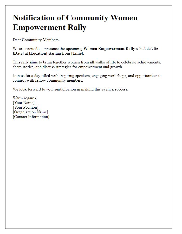 Letter template of notification for a community women empowerment rally.