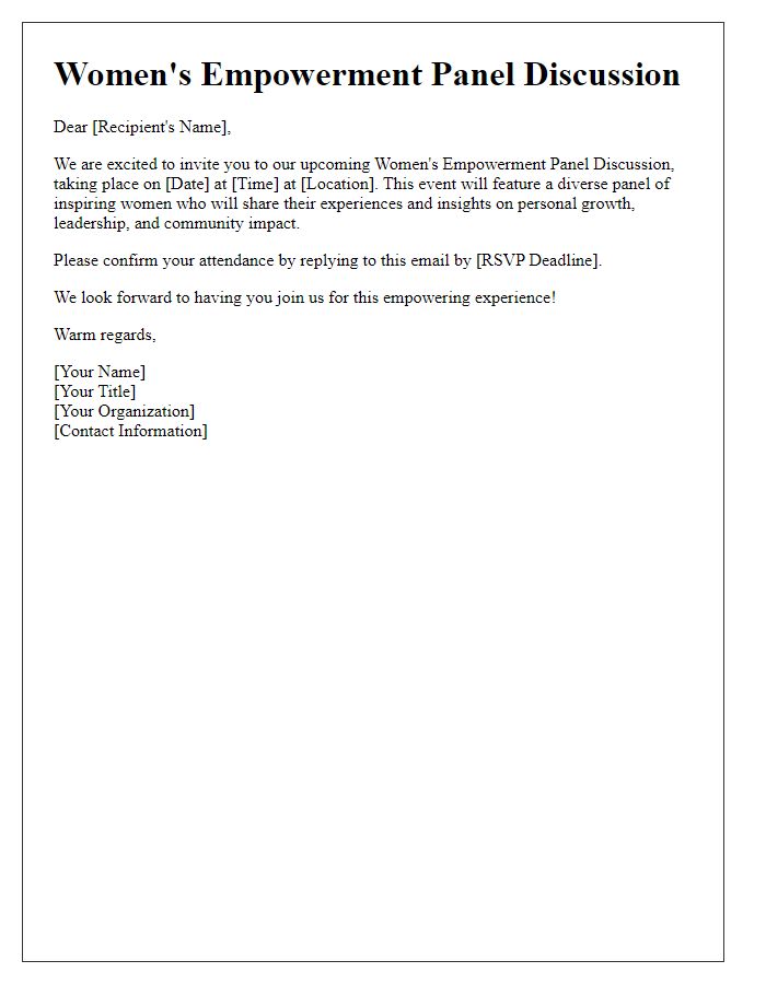 Letter template of RSVP for a women's empowerment panel discussion.